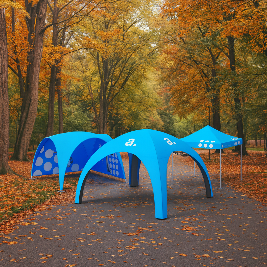 Niebieskie namioty reklamowe ustawione w jesiennym parku, otoczone drzewami z pomarańczowymi i żółtymi liśćmi. Konstrukcje typu air i express stoją na alejce pokrytej liśćmi, tworząc przyjazne, plenerowe stoisko eventowe.