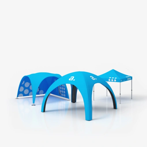 Três tipos de tendas de evento em diferentes formas e estruturas apresentados numa paleta azul coerente