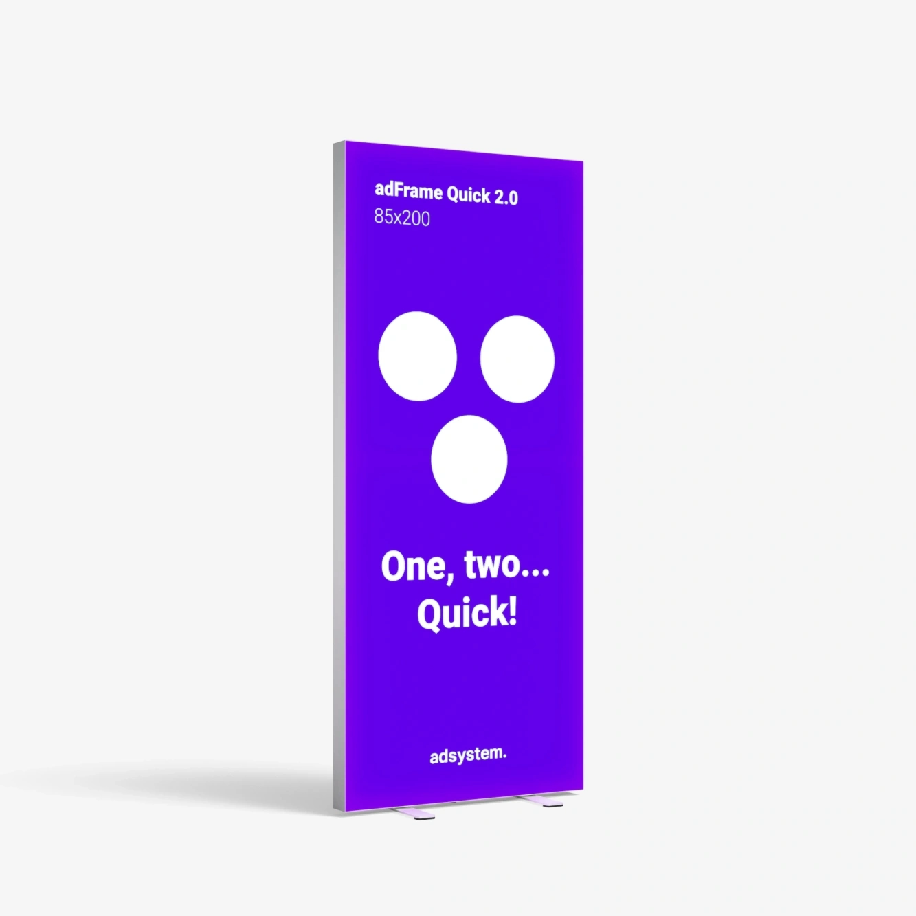 Jednostronny kaseton tekstylny adFrame Quick 2.0 o wymiarach 85x200 cm, przeznaczony do szybkiej i efektownej prezentacji marki podczas eventów i targów.