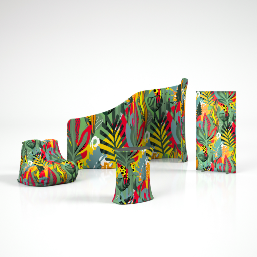 Conjunto de mobiliário publicitário com motivo tropical balcão paredes têxteis e mobiliário outdoor