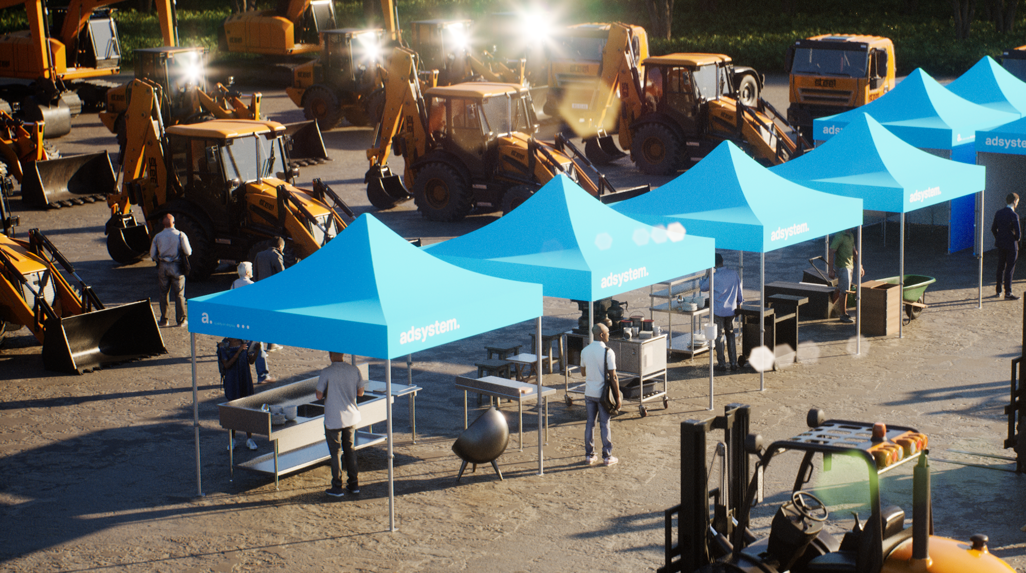 Niebieskie namioty eventowe adsystem ustawione w rzędzie podczas targów maszyn budowlanych na świeżym powietrzu, obok koparek i sprzętu ciężkiego