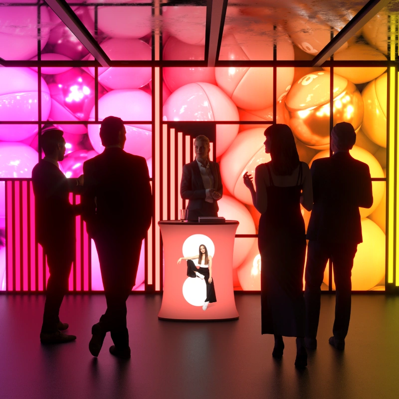 Stand événementiel rétroéclairé avec comptoir LED et fond dynamique