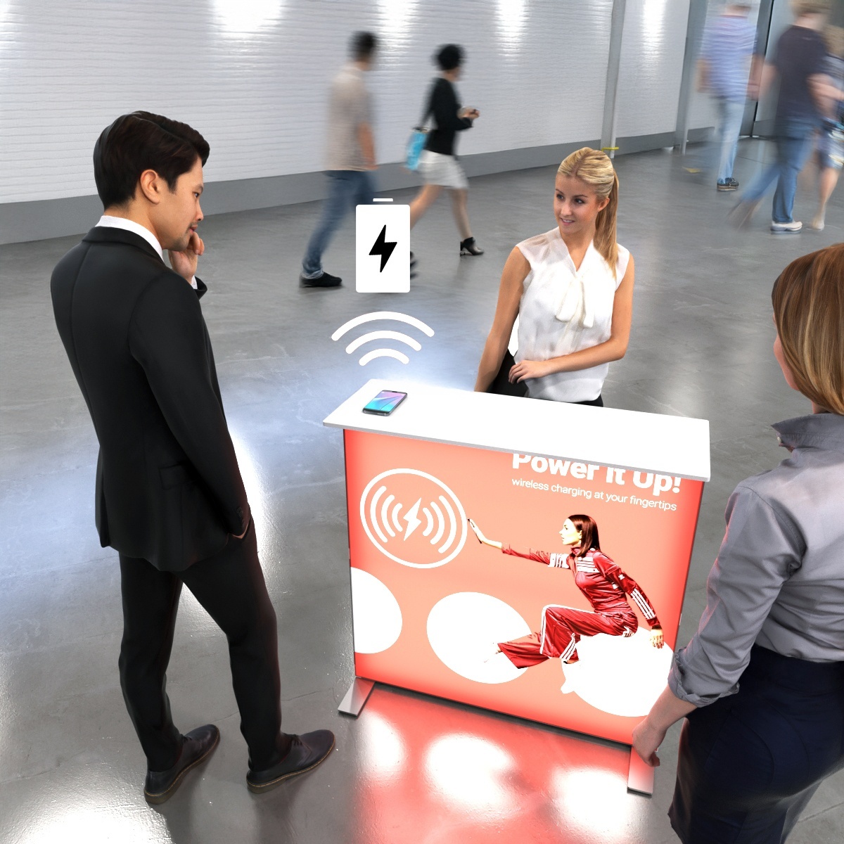 Balcão promocional Pop-up com carregador por indução para smartphones