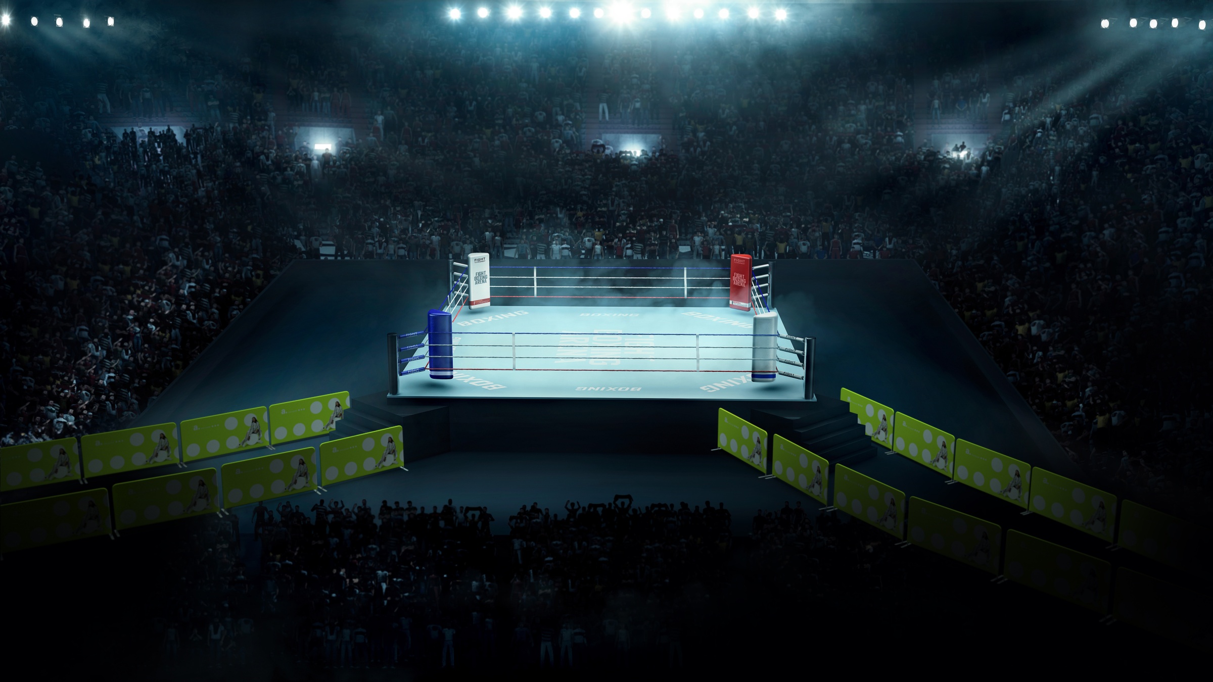 Horyzontalne ścianki reklamowe ustawione obok ringu bokserskiego.