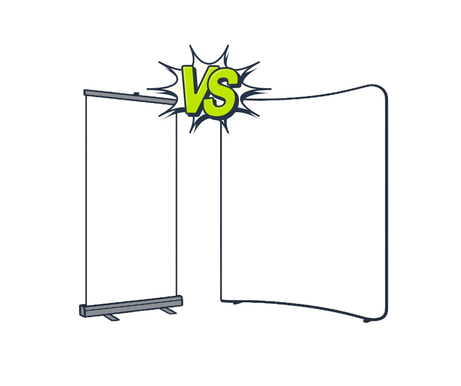 Ilustração a comparar roll-up e parede publicitária comparação visual de dois sistemas com VS ao centro