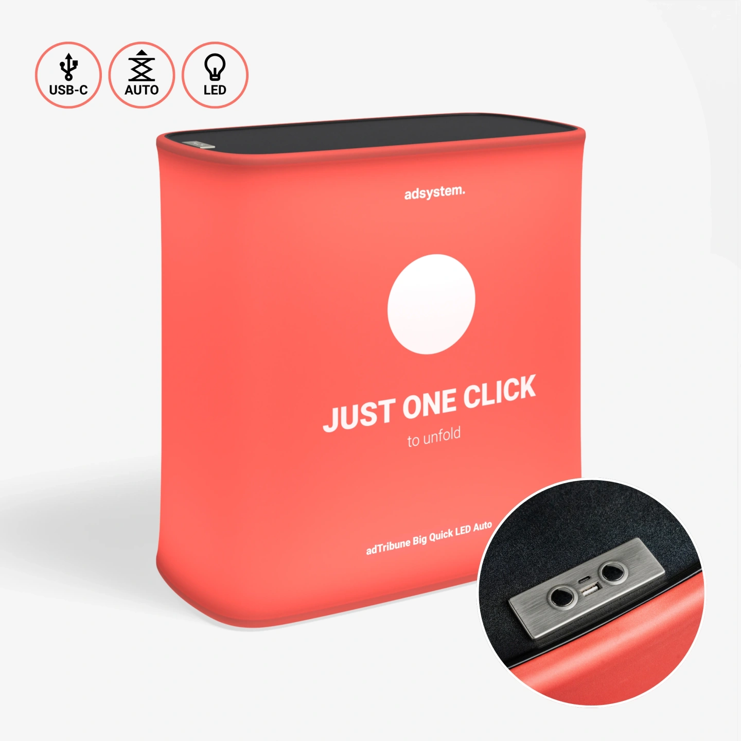 adTribune Big Quick LED Auto advertising counter close-up of the USB-C port