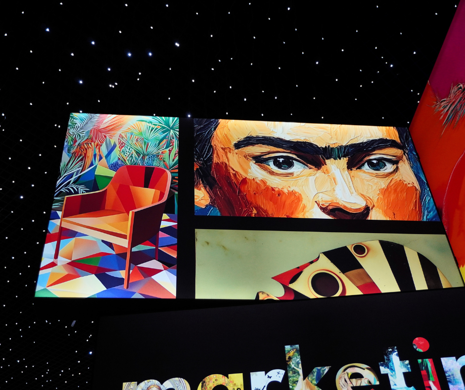 Zbliżenie na podświetlane kasetony z grafikami artystycznymi: kolorowe krzesło, portret inspirowany Fridą Kahlo oraz abstrakcyjny wzór geometryczny – na tle sufitu z gwieździstym oświetleniem.